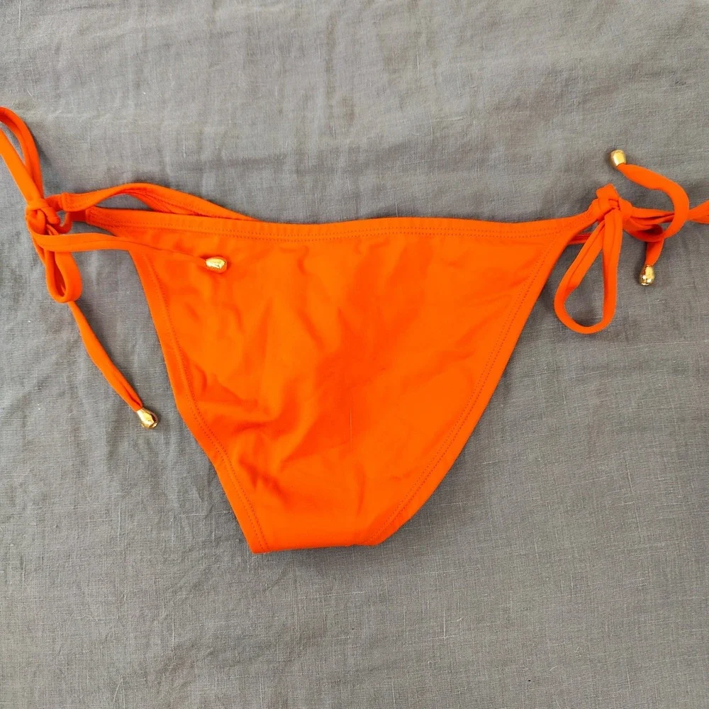 Koraru‎ Womens Bikini Bottoms Small Orange Side Tie Gold Hardware Eco Friendly